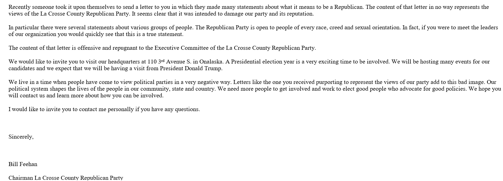La Crosse County Republican Party response letter